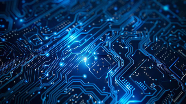 Modern technology circuit board texture background design. Quantum computer technologies concepts, large data processing. Futuristic blue circuit board background. Minimal vector motherboard. 