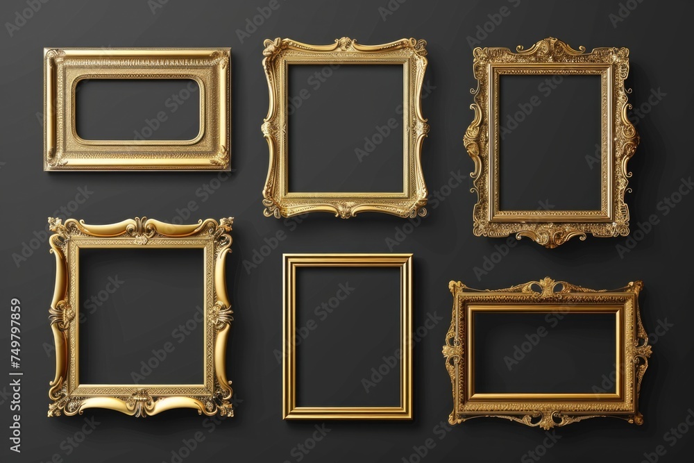 Poster four elegant gold picture frames displayed on a sleek black wall. perfect for interior design or art