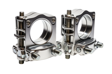 Pair of Metal Clamps on White Background. Two sturdy metal clamps one larger and one smaller, are displayed. The clamps are opened slightly, showing their serrated jaws ready to grip objects securely.