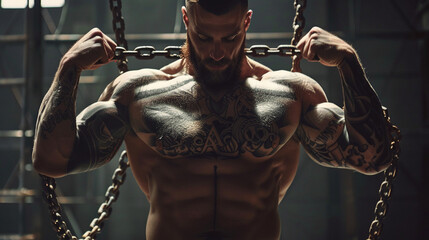 Muscular strong male with tattoo poses holding steel chain. Generative AI