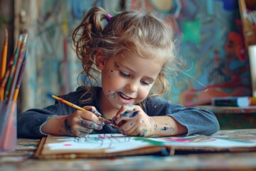 A little girl sitting at a table with paint on her face. Perfect for educational or creative projects - obrazy, fototapety, plakaty