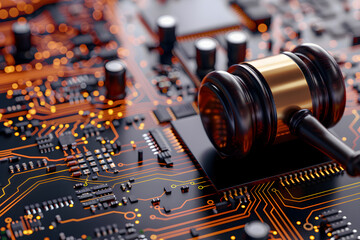 close up of electronic circuit board and a gavel