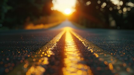 A wet road with the sun setting in the background. Perfect for travel or weather concepts - obrazy, fototapety, plakaty