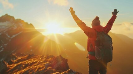 A person standing with arms raised on a mountain top. Suitable for inspirational and success concepts