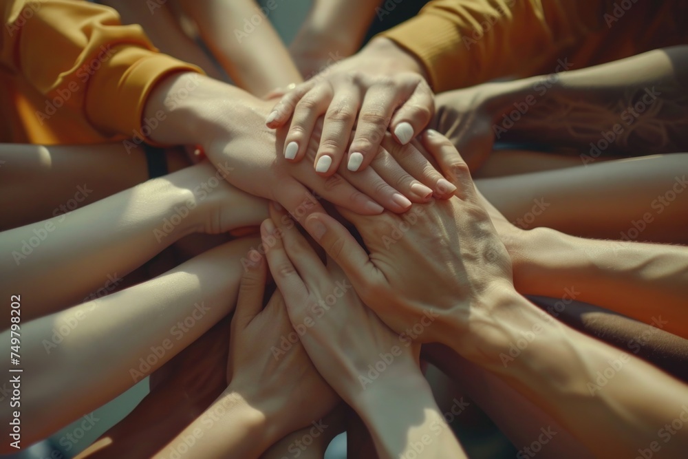 Poster group of people joining hands in unity. suitable for team building concepts