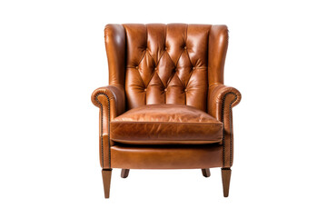 Brown Leather Chair on White Background. A brown leather chair is placed on a white background. The chair has a sleek design with visible stitching details. on White or PNG Transparent Background.