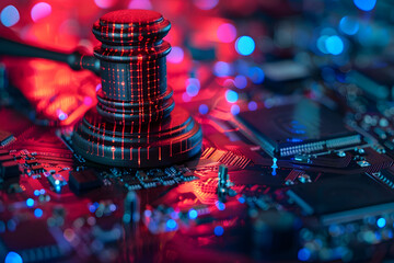 close up of electronic circuit board and a gavel - obrazy, fototapety, plakaty
