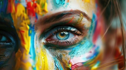 A close-up of a person's face covered in paint. Ideal for artistic projects or makeup tutorials - obrazy, fototapety, plakaty