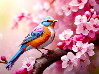 Cute songbird perched on a cherry blossom tree branch beautiful birds with spring illustration