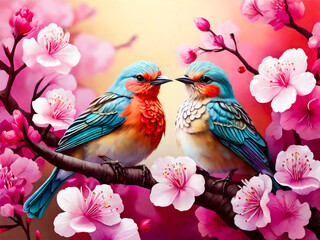 A cute songbird perched on a cherry blossom tree branch beautiful birds with spring illustration