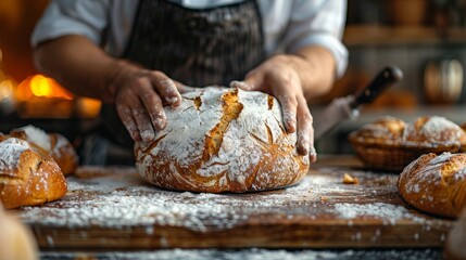 A baker is making bread with flour and sugar on a wooden table - obrazy, fototapety, plakaty