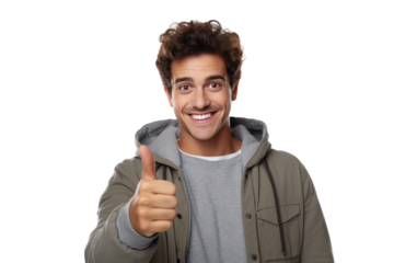 Happy Man Giving Thumbs Up. A man smiling broadly as he extends his thumb up in approval gesture. His expression is joyful and positive, conveying a sense of happiness and satisfaction.