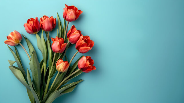 red tulips on blue background
