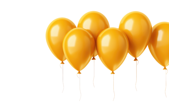 Group of Yellow Balloons Floating in the Air. Numerous bright yellow balloons are floating in the air rising steadily upwards. The balloons appear to be held by strings. - Powered by Adobe