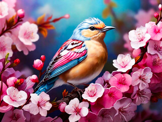 Cute songbird perched on a cherry blossom tree branch beautiful birds with spring illustration
