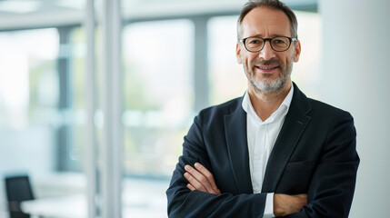 Portrait of a successful  businessman with confident and friendly facial expression and his arms crossed in front of blurred office background. Generative AI