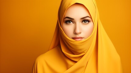 Portrait of young beautiful Muslim woman in hijab on yellow background
