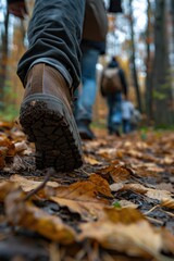 A person walking through a forest with leaves on the ground. Suitable for nature and outdoor themed projects