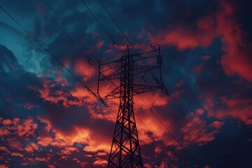 A power line silhouetted against a dramatic red sky. Suitable for energy or environmental concepts - Powered by Adobe