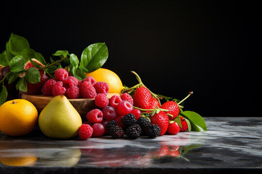 fresh fruits on a dark rough stone table. healthy food concept. Food photography. Fresh apple, grapes, strawberry, orange. Generative AI. 