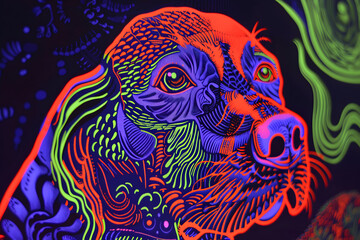 1970s psychedelic blacklight poster of dogs - obrazy, fototapety, plakaty
