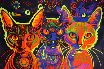 Fototapeta premium 1970s psychedelic blacklight poster of cats