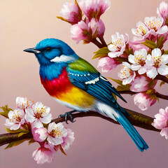 Cute songbird perched on a cherry blossom tree branch beautiful birds with spring illustration