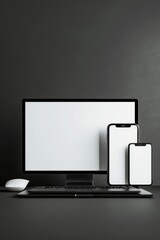 Fototapeta premium A laptop, phone, and computer monitor on a desk. Suitable for technology and office themes