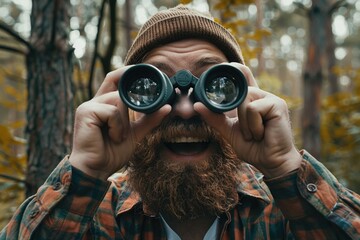 A man with a beard looking through binoculars. Suitable for outdoor activities concept - obrazy, fototapety, plakaty