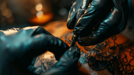 Fototapeta na wymiar Professional tattooer burning the tattoo with gloves on by special tool closeup. Generative AI