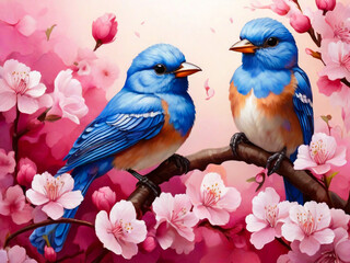 Cute songbird perched on a cherry blossom tree branch beautiful birds with spring illustration