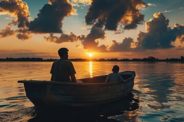 A man and a boy sitting in a small boat. Suitable for outdoor and family-related concepts