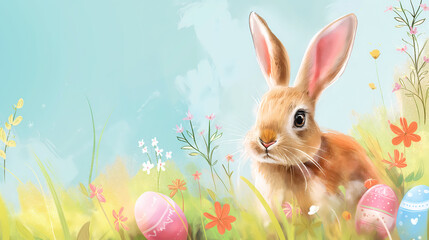 Cute brown rabbit is sitting on grasses with pastel easter eggs and little spring flowers on a blue sky background. Watercolor painting style.
