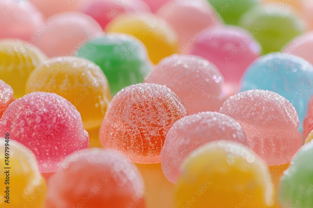 Poster A close-up view of a bunch of vibrant gummy balls. Great for confectionery concepts