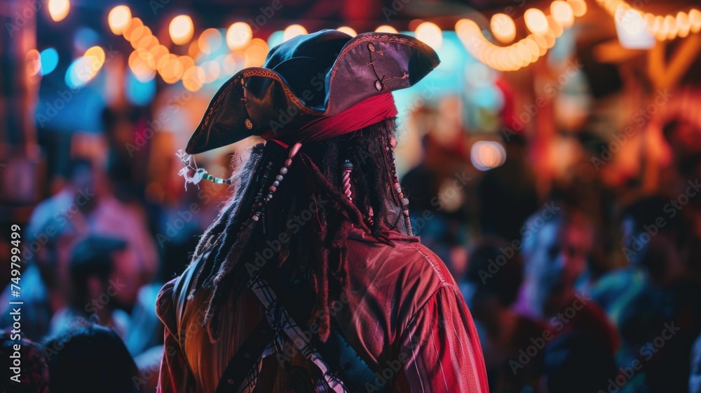 Poster a man in a pirate costume standing in front of a crowd. suitable for event posters