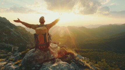 A man sitting on top of a mountain with his arms outstretched. Perfect for inspirational and motivational concepts