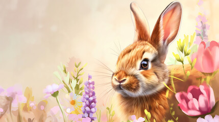 close-up cute brown rabbit is sitting among little spring flowers on a beige background. Watercolor painting style.