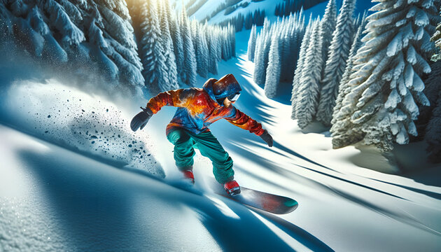 Skier on piste running downhill in beautiful Alpine landscape