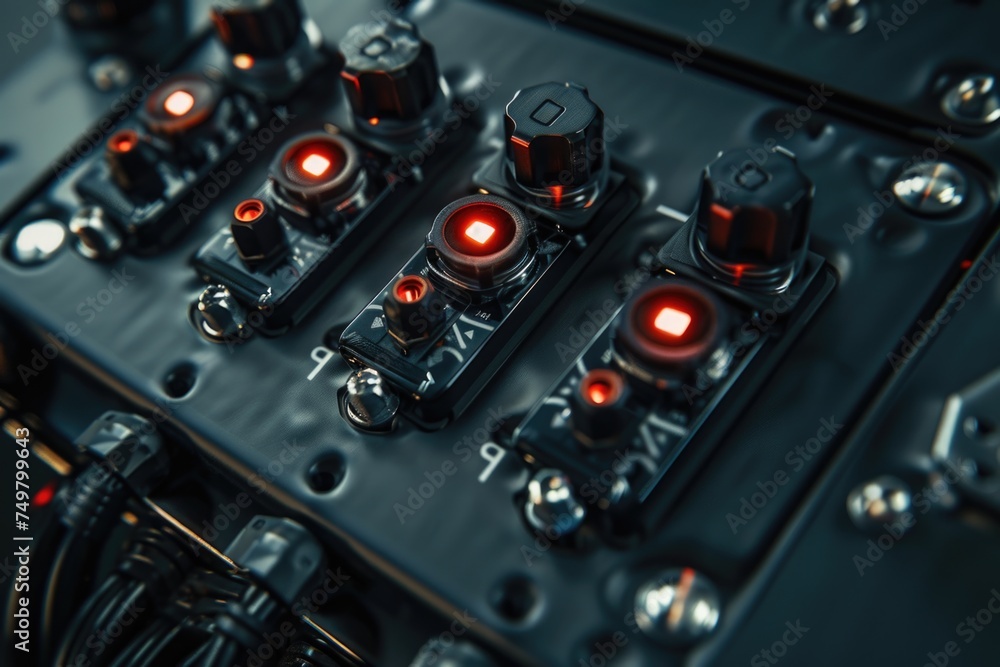Aufkleber Detailed view of a control panel with red indicator lights. Suitable for technology and security concepts