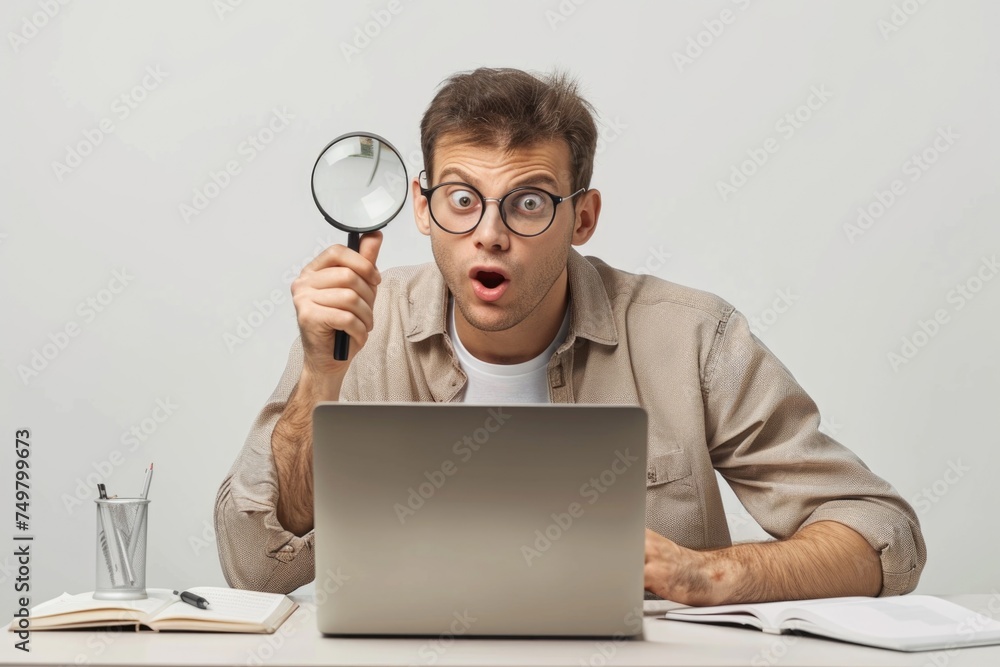 Poster a man examining laptop screen with magnifying glass. suitable for technology concepts