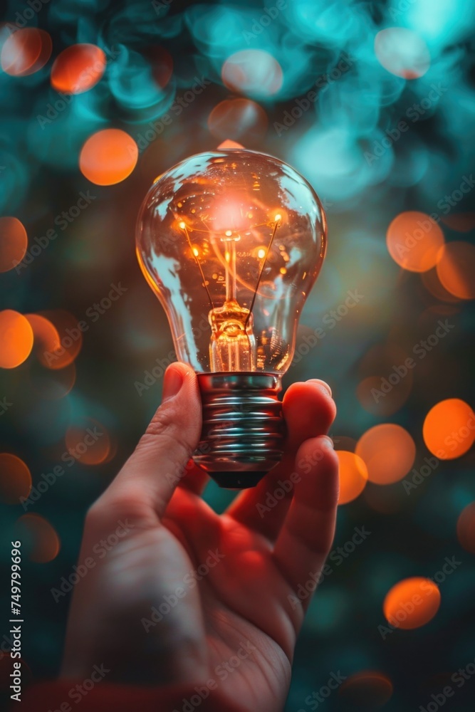 Wall mural Person holding a light bulb, suitable for concepts of creativity and innovation