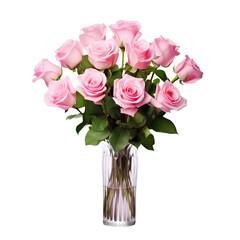 Beautiful bouquet of pink roses with lush green leaves, cut out