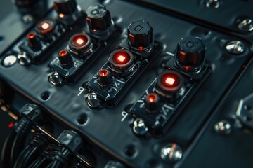 Detailed view of a control panel with red indicator lights. Suitable for technology and security concepts