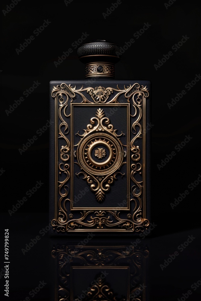 Poster Elegant black and gold flask with a clock design, perfect for time management concepts