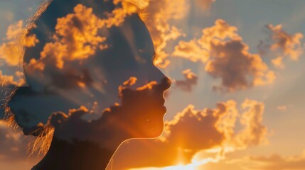 Silhouetted woman against a colorful sunset sky, suitable for various concepts and designs