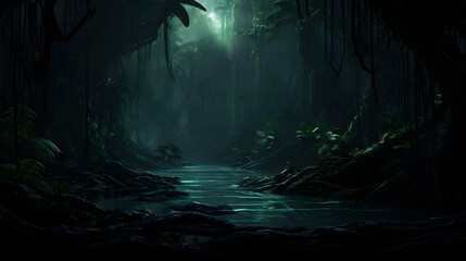 Deep tropical forest in darkness - obrazy, fototapety, plakaty