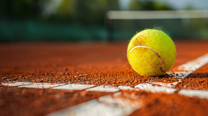Tennis ball on a tennis court. Generative AI - obrazy, fototapety, plakaty