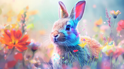 Cute vibrant holographic rabbit with colorful little spring flowers on a vivid blurred background. Fancy neon style.