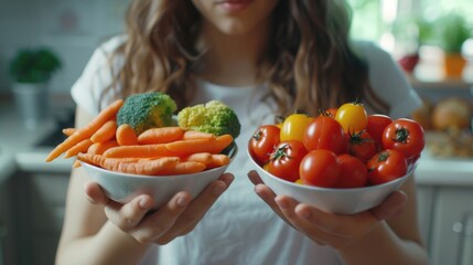 A woman holding two bowls filled with vegetables. Perfect for healthy eating concept
