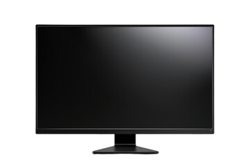 Fototapeta premium Black Computer Monitor. A black computer monitor sits prominently against a plain white background. The monitor appears sleek and modern, with a blank screen reflecting no image.